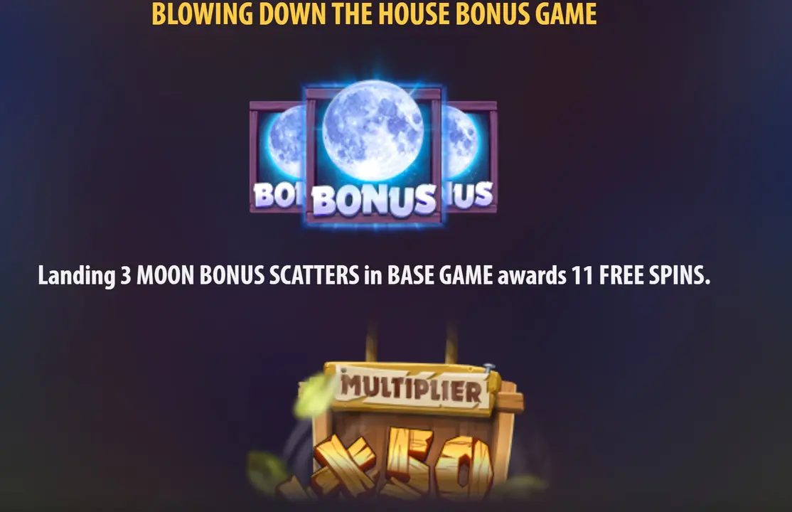 Bônus Derrubando a Casa acionado por 3 scatters Lua em Big Bad Wolf Megaways da Quickspin