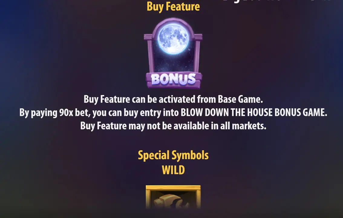Buy Feature screen showing 90x bet cost for instant Blowing Down the House bonus entry in Big Bad Wolf Megaways