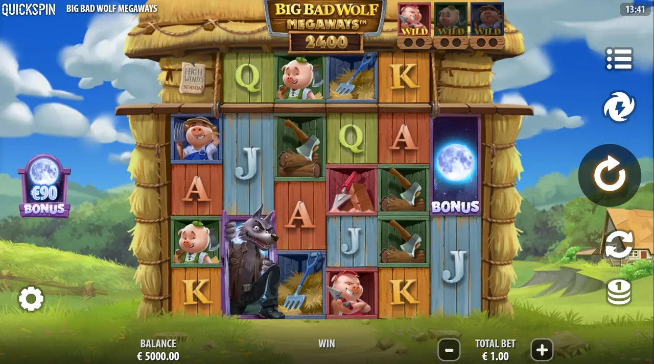 Jogo base do Big Bad Wolf Megaways com 2.400 Megaways ativos e scatter Lua no rolo 6 com aposta de R$5,00