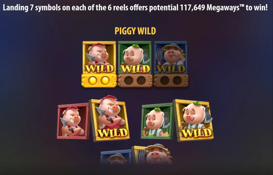 Piggy Wild feature overview showing all three pig wild symbols in Big Bad Wolf Megaways up to 117649 ways to win